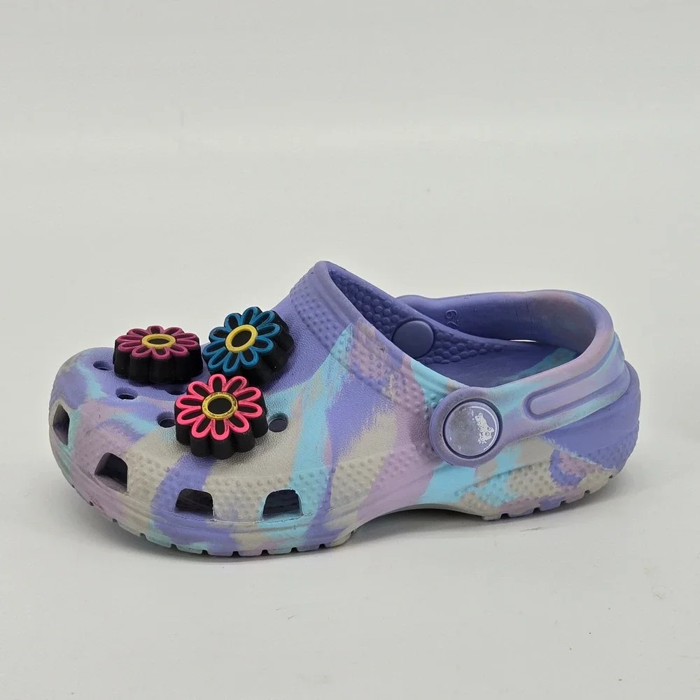 Crocs Kids Classic Marbled Clog Pastel Purple Blue C9 Light Up Flower Jibbitz